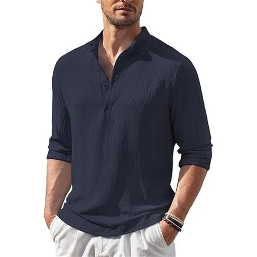 NEW- COOFANDY Navy Blue Henley Band Collar Long Sleeve Shirt- Men's L